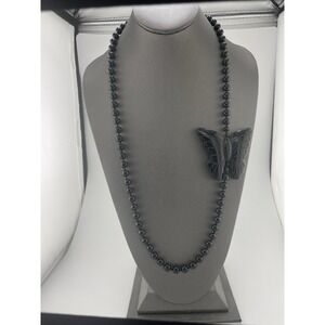 Vintage Mexican Onyx Necklace Black‎ Beaded Carved Butterfly Hand Knotted Estate